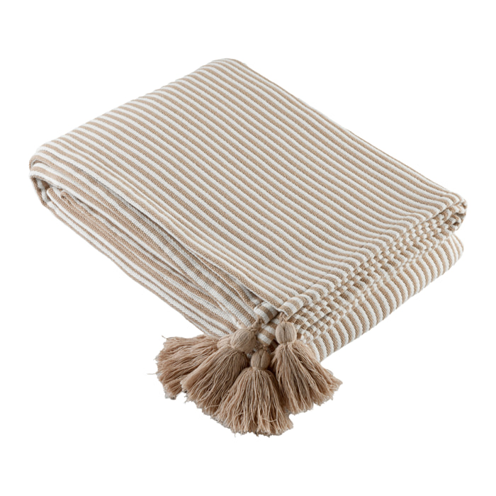Plaid rayé à pompons - Beige