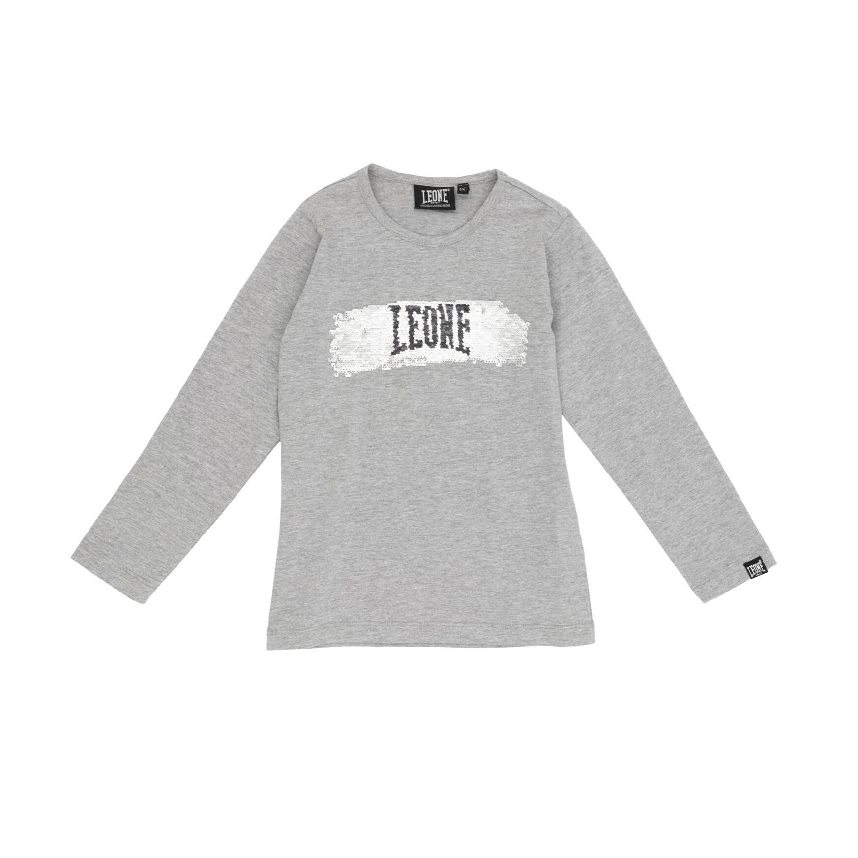 T-shirt Leone bambina con maniche lunghe con paillettes Super Grey