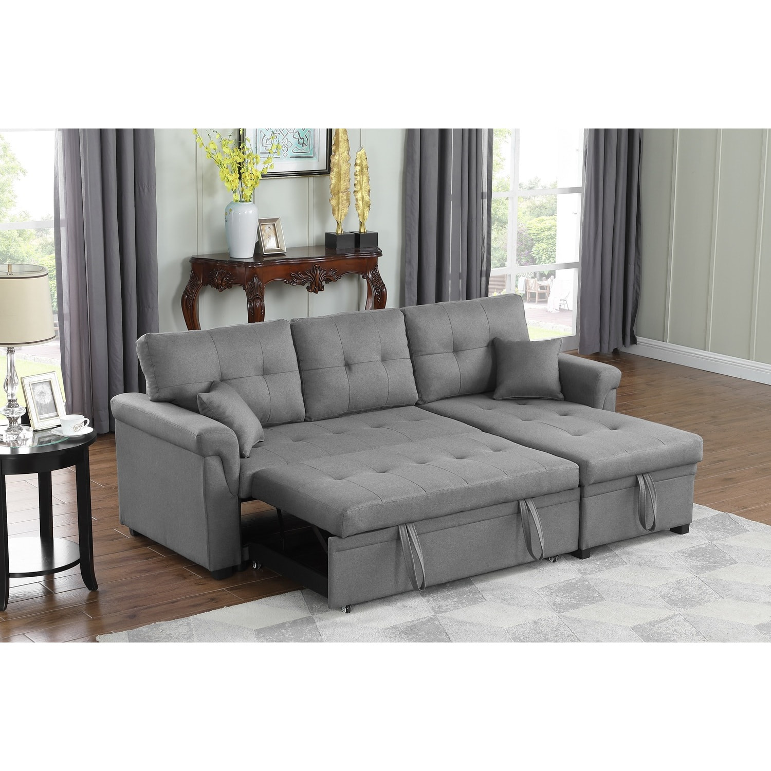 Canapé d'angle droit convertible 4 places en tissu gris clair BURLINGTON