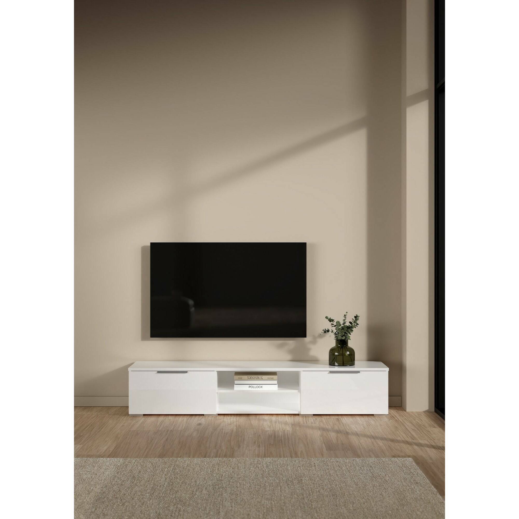 Mobile porta TV a due cassetti, colore bianco lucido, cm 172 x 33 x 39