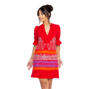 Mamatayoe Vestido Floritura Para Mujer, Manga Corta, Escote Pico, Rojo