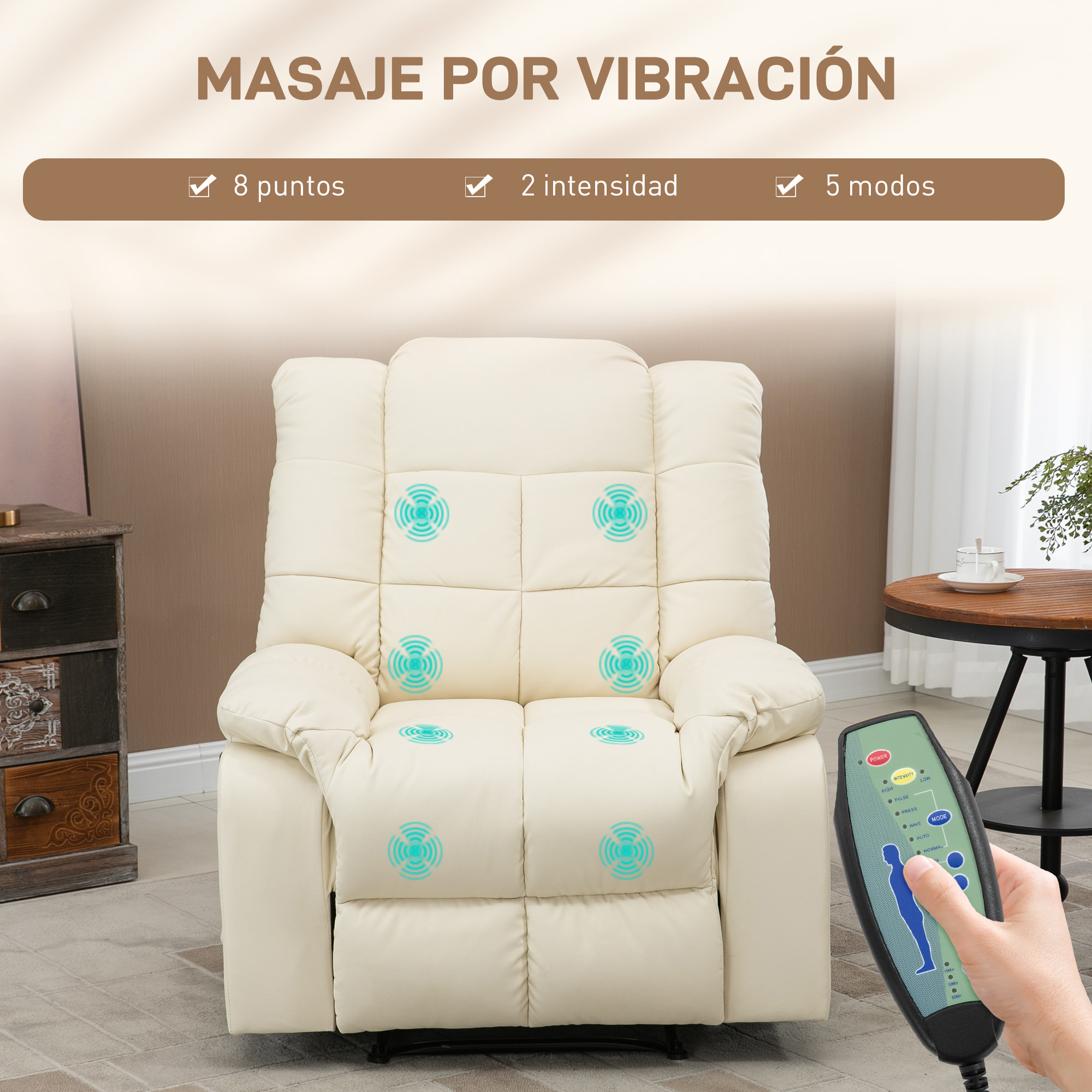 Sillón de Masaje, Sillón Relax Reclinable con 8 Puntos de Masaje, Mando a Distancia, Tapizado en PU, Reposapiés, Bolsillo Lateral, Butaca para Salón, Dormitorio, Crema