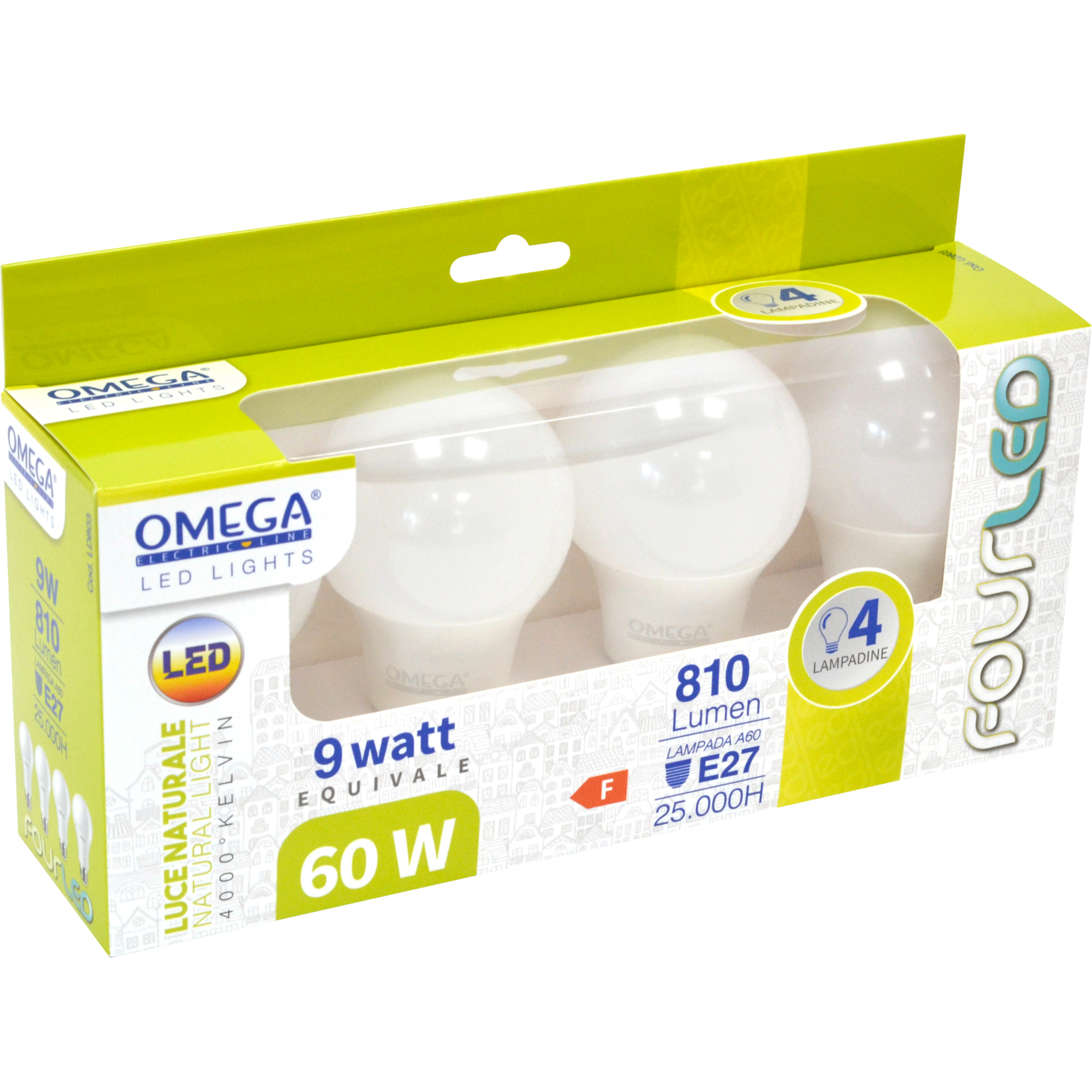 OMEGA Set 4 Pezzi Goccia A60 9W LED