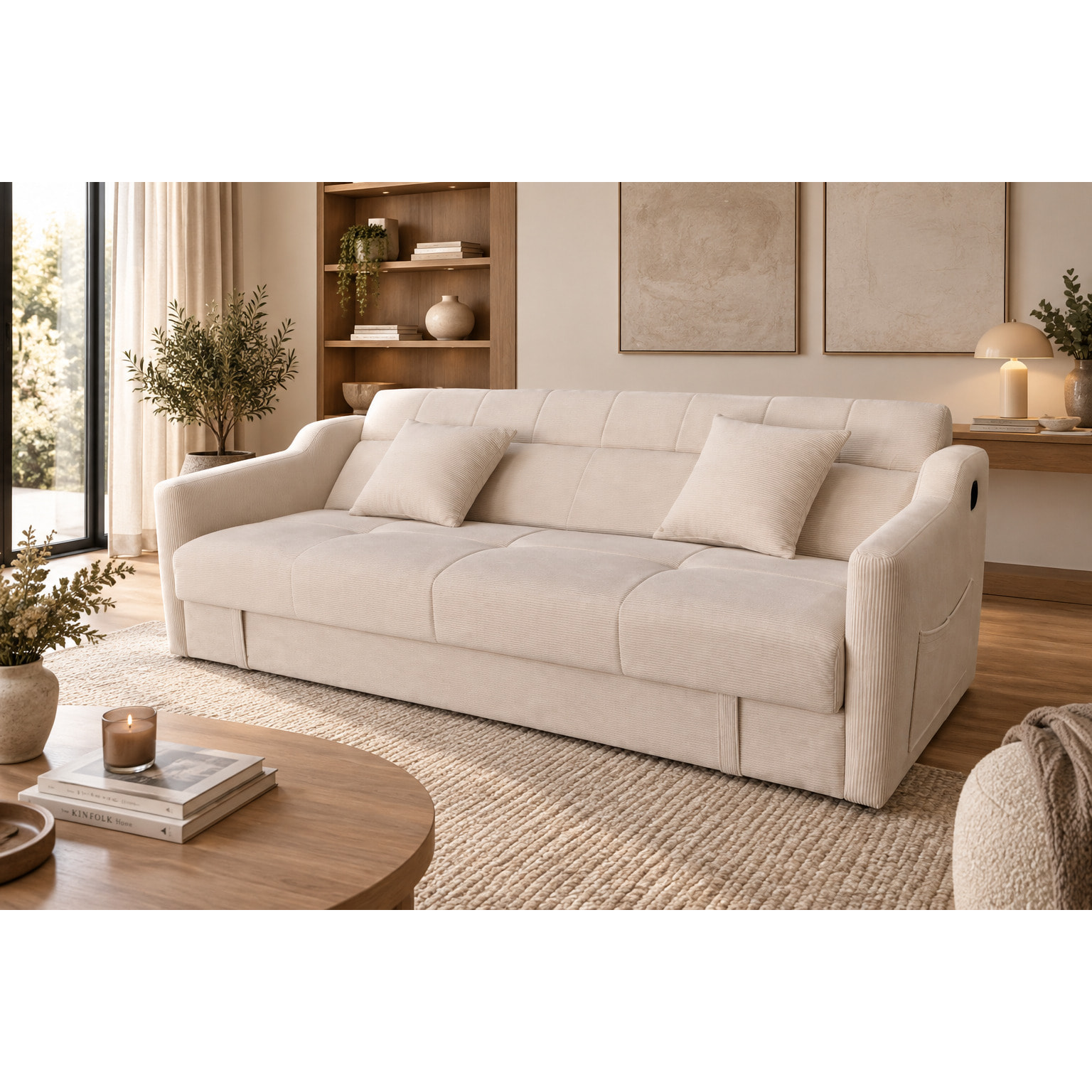 Canapé convertible avec coffre en velours cotelé beige 3 places BAKAR