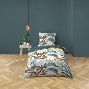Parure de lit 2 pièces 100% coton à motifs végétaux housse + taie - Bleu