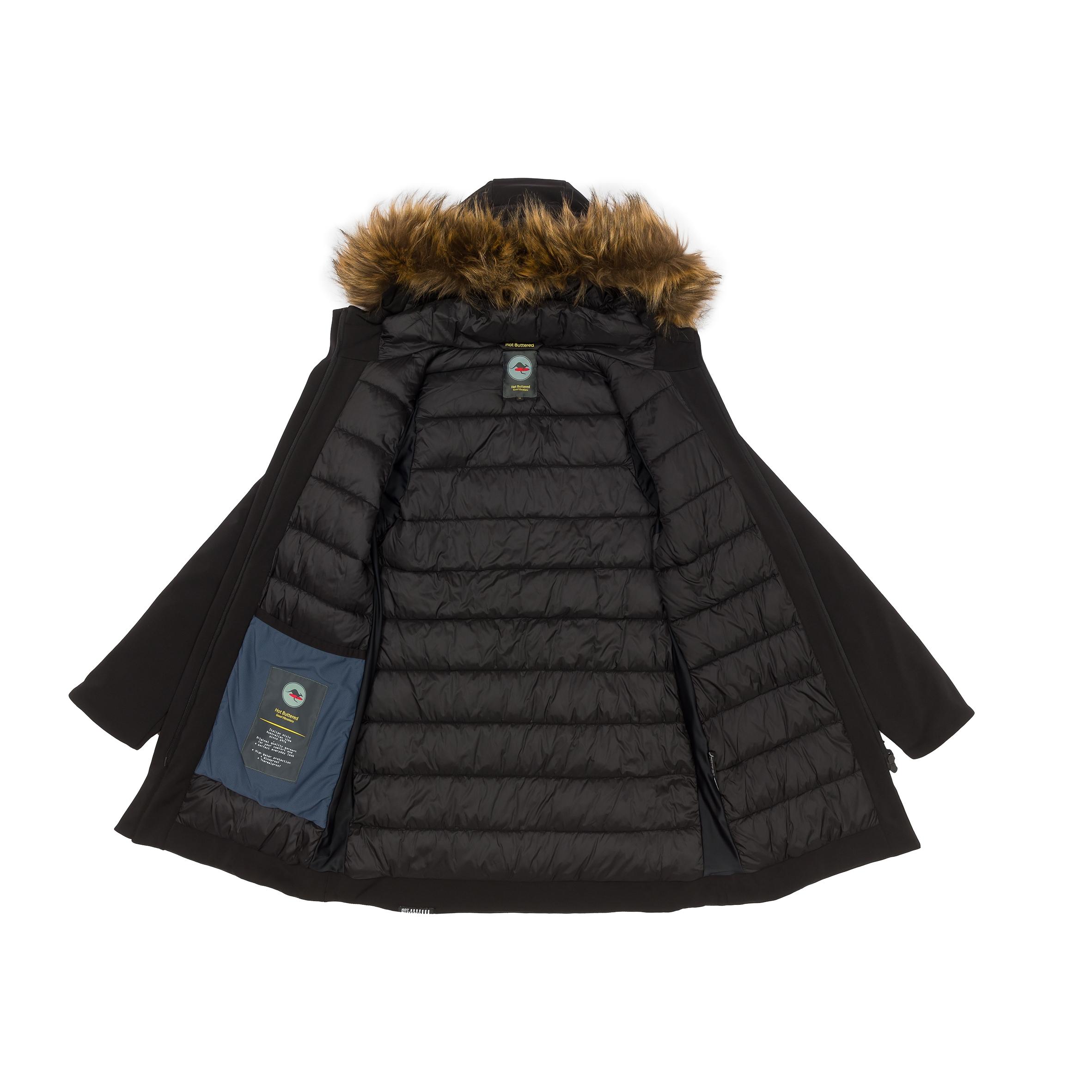 Chaqueta larga Hot Buttered Dahlia con capucha ajustable Negro