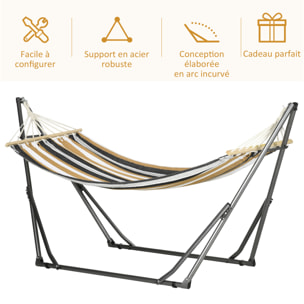 Hamac de jardin pliable avec support acier époxy et toile coton lin marron noir gris blanc