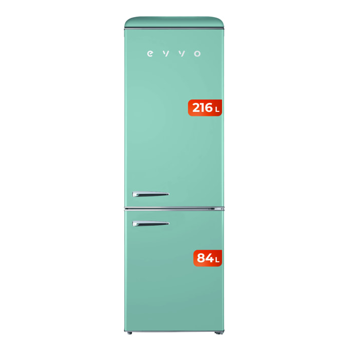 EVVO Frigorífico combi F55 Retro Verde Aquamarina, 216 L + 84 L, diseño vintage, Crisper Zone, Turbo Fan, silencioso