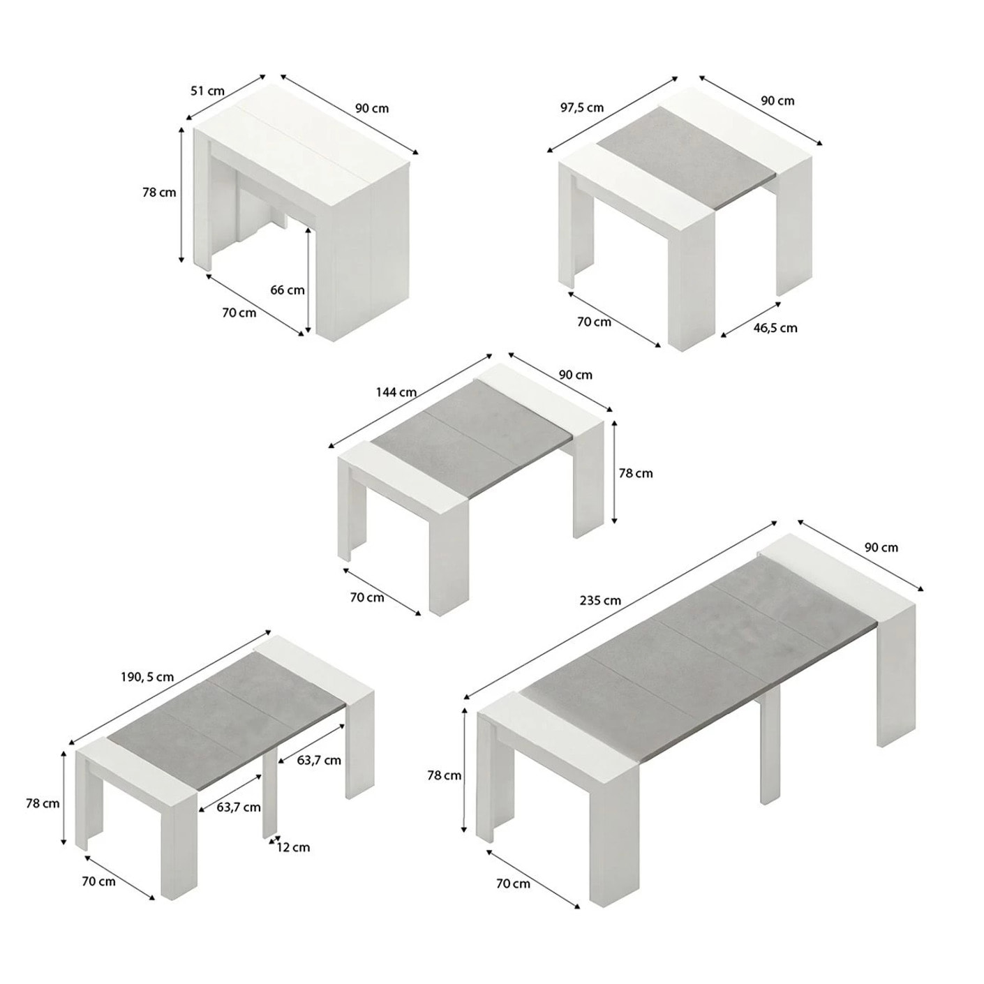 Mesa consola extensible en blanco artik y gris cemento 50-235x90 cm Denis Blanco Artik (Blanco Mate) - Gris Cemento