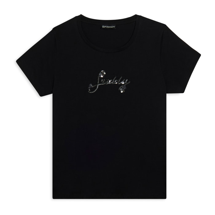 T-shirt in cotone Supima con logo in paillettes bicolore