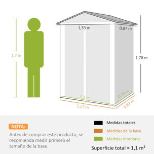 Caseta de Jardín Exterior 1,1 m², 133x87x178 cm, Cobertizo de Jardín Exterior Metá¡lico con Puertas Correderas, Techo Inclinado y Guantes, para Almacenaje de Herramientas Bicicletas, Gris