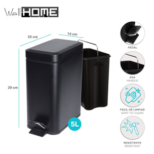 Well home cubo de basura con pedal de 5l en metal color negro