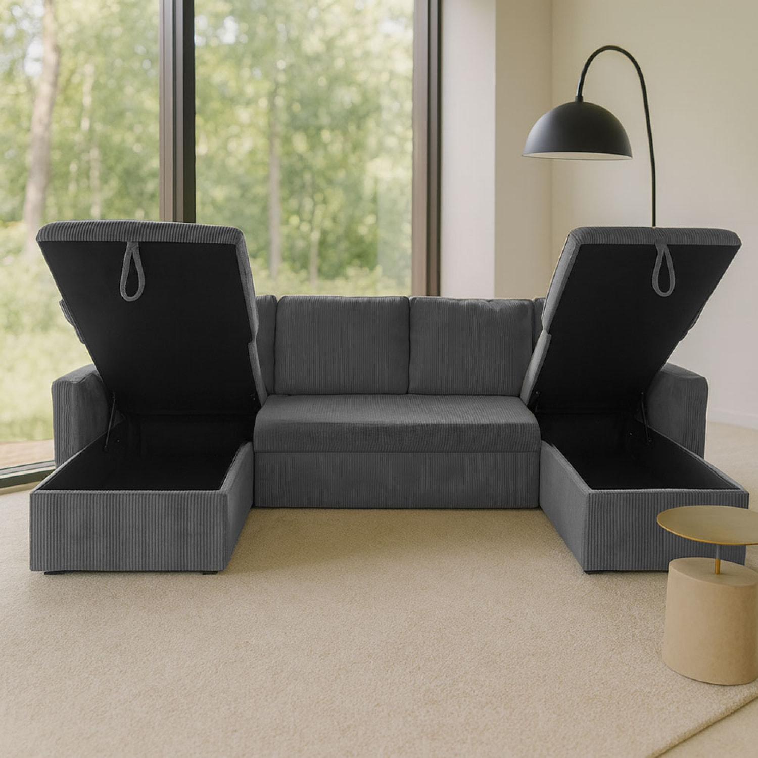 ELLA Canapé panoramique convertible avec coffres 4 places en velours côtelé gris