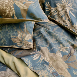 Taie d'oreiller satin de coton imprimé bleu marron Rainforest bleu dore