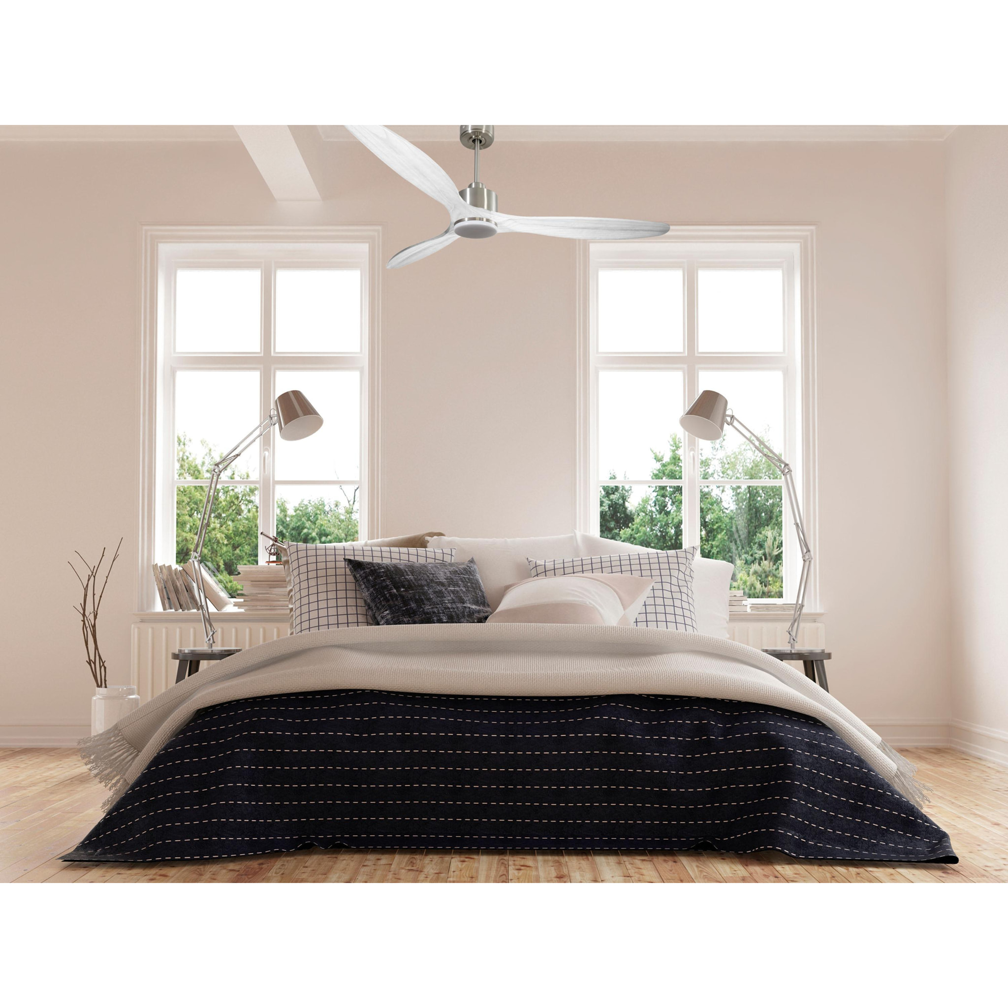 Ventilateur de plafond Réversible  Thermostat Dimmable Wifi Moteur à courant continu Toits en pente Télécommande Lumière à trois tons Hypersilence Mémoire