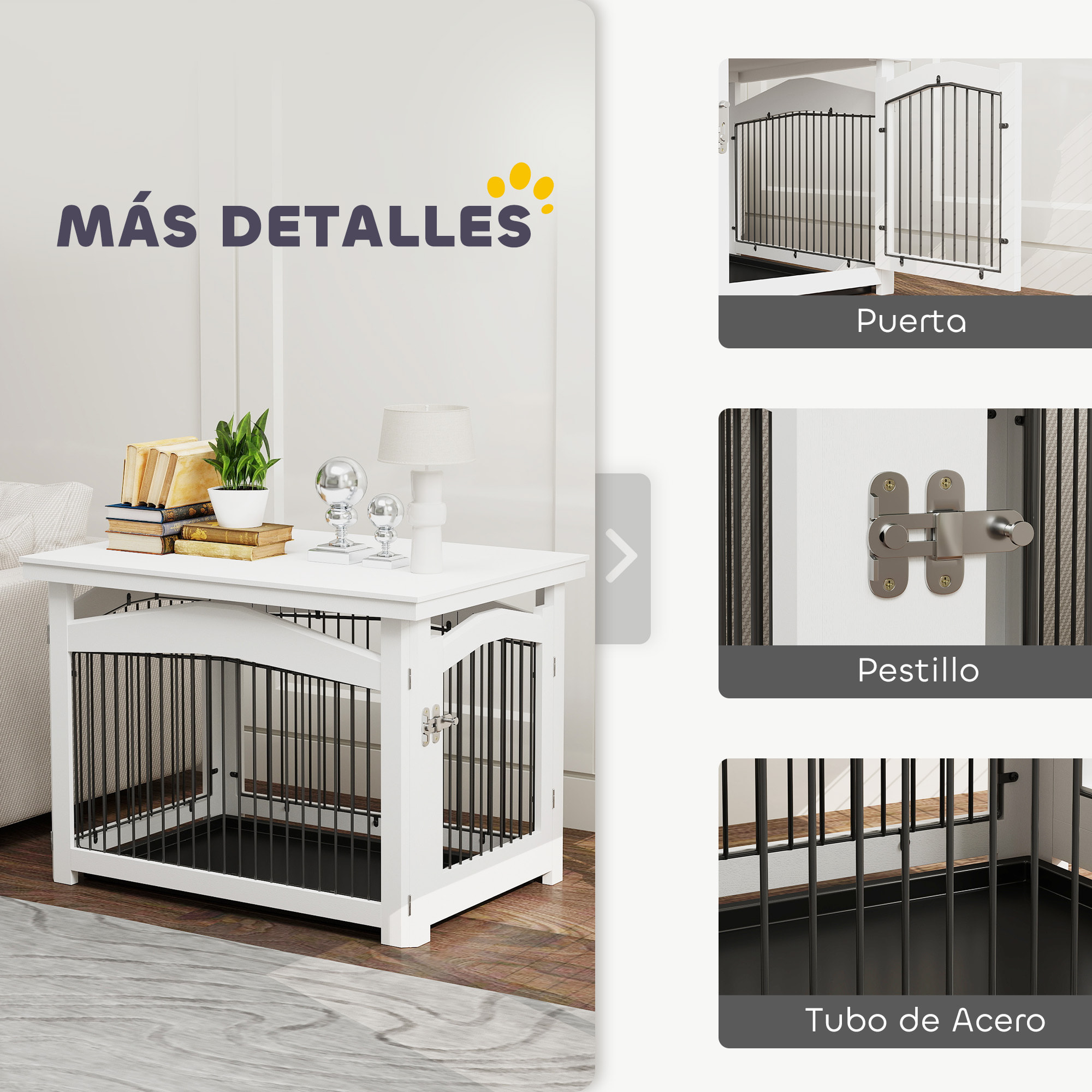 Jaula para Perros Medianos 3 en 1 Mesa Auxiliar Barrera para Perros con Puerta con Pestillo Tapa Superior Desmontable y Bandeja Extraíble 82,5x57,5x59,5 cm Blanco