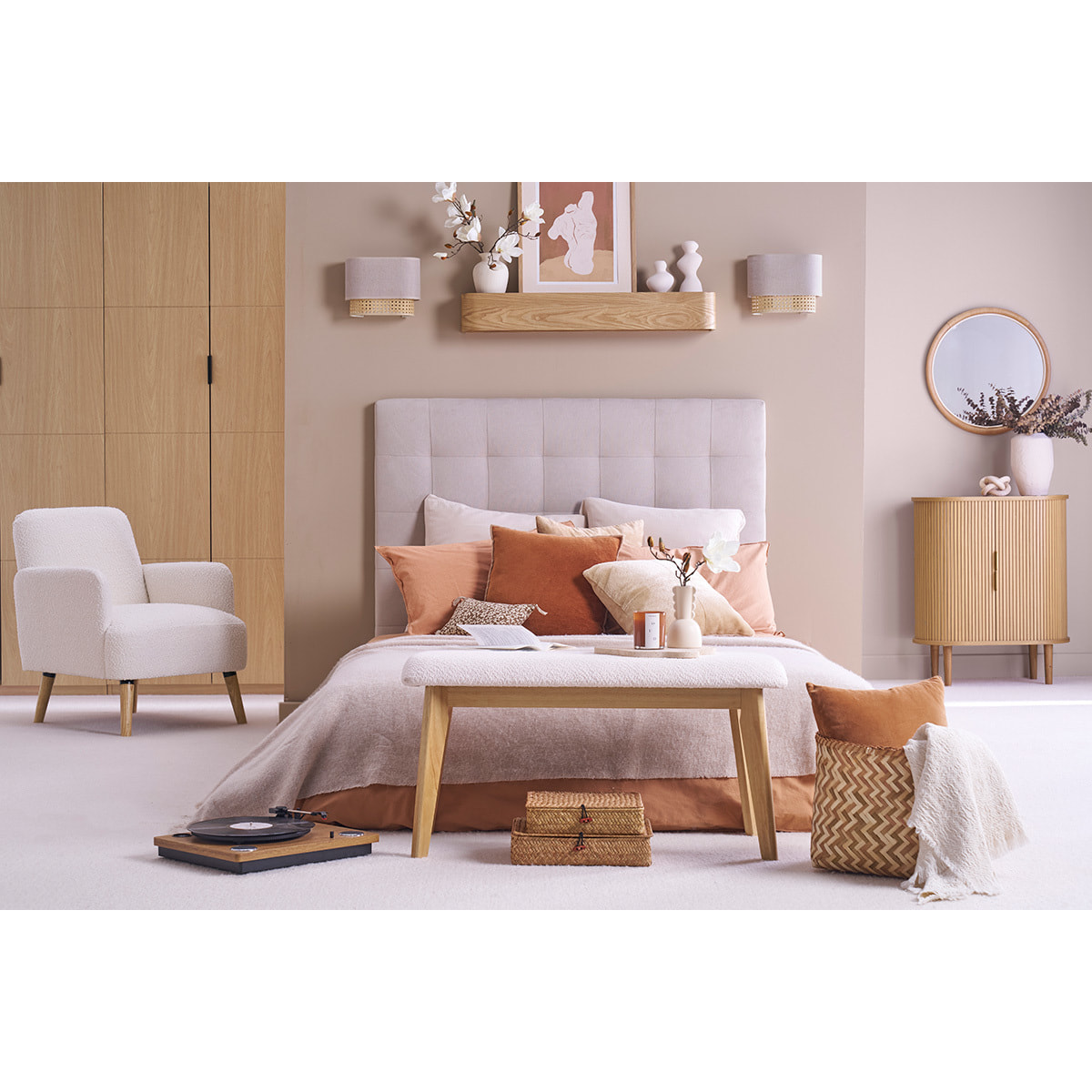 Tête de lit capitonnée en tissu beige clair naturel L140 cm HALCIONA