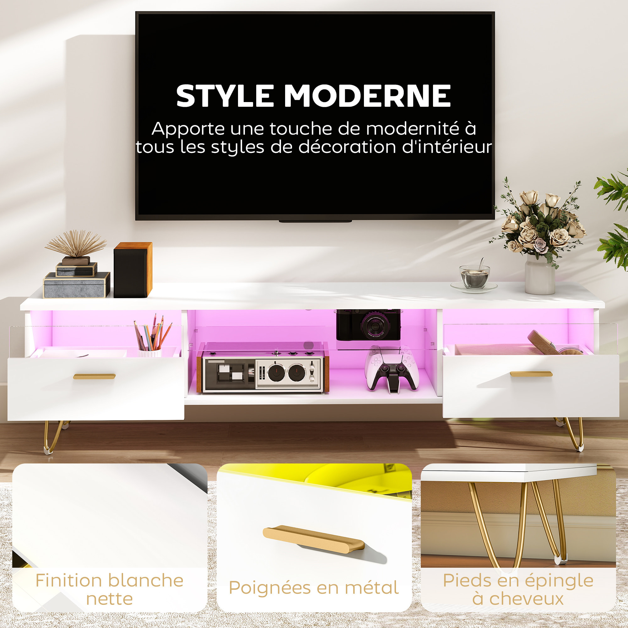 Meuble TV blanc laqué LED design multi-rangement dim. 160x35x42cm