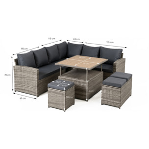 Salon de jardin modulable 9 places en résine tressée avec table relevable effet bois BELEM