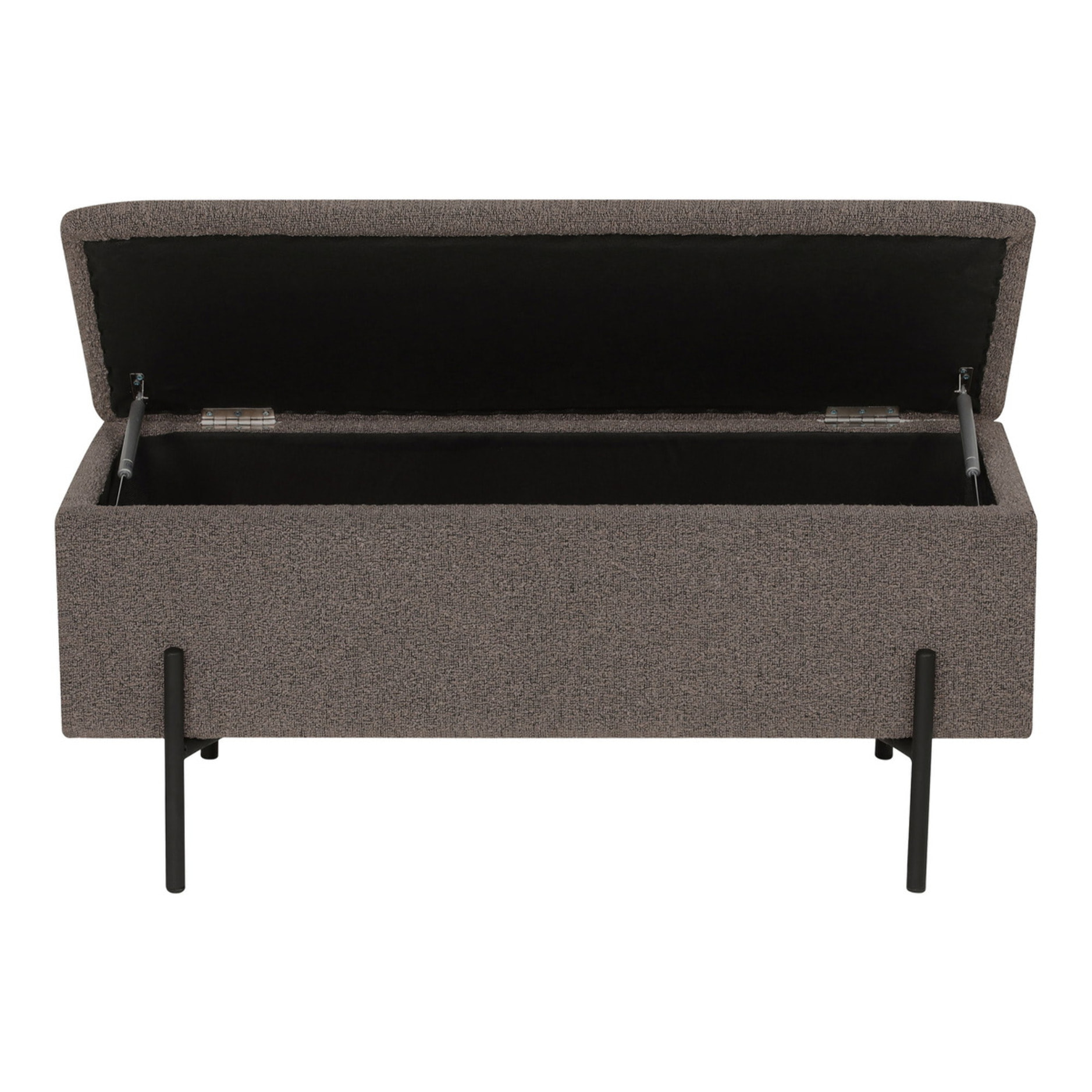 Watford - Panca contenitore in bouclé marrone con gambe in metallo nero 95x36,5x43 cm