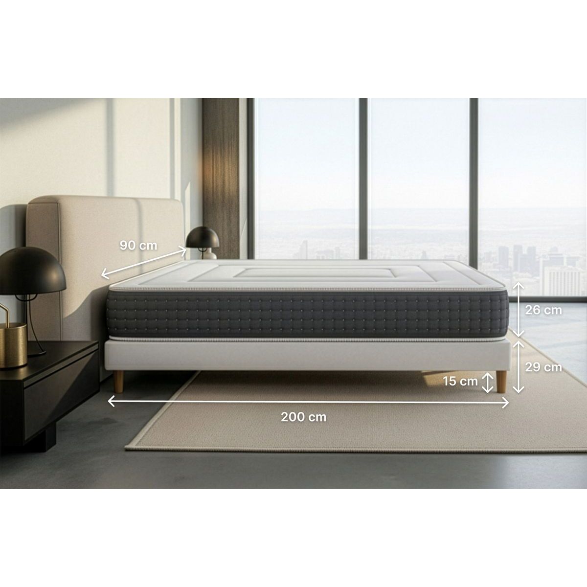 Ensemble Matelas Vingt-Six - 26cm - Ressorts ensachés et mémoire de forme - Confort 5? - Sommier Tapissier Gris