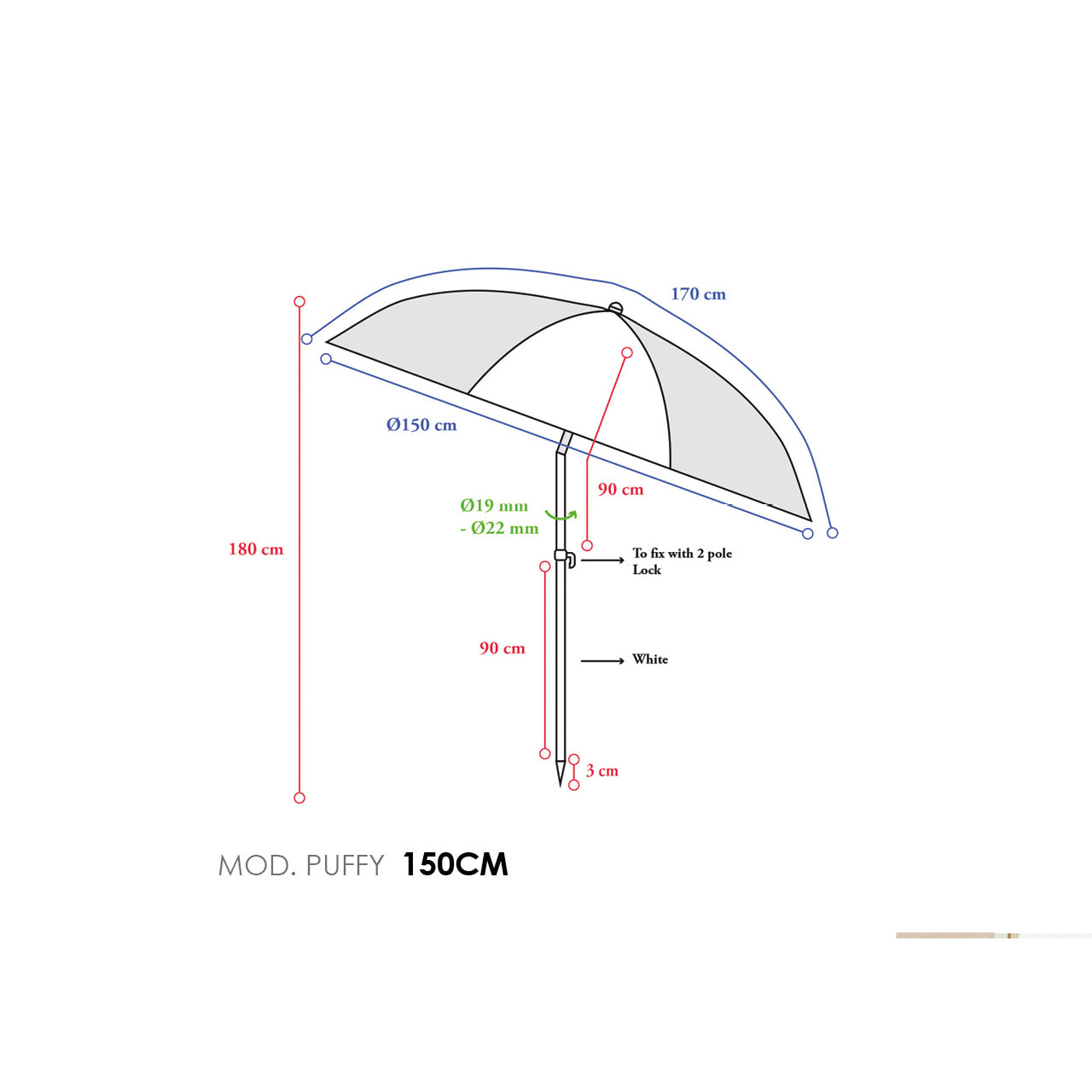 Ombrellone Spiaggia Diametro 150cm Tinta Unita Modello Puffy