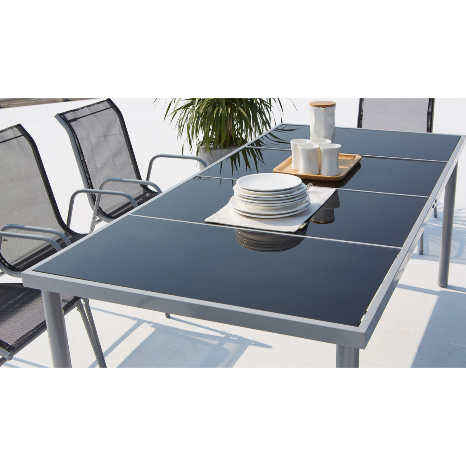 Table de jardin et 8 chaises en acier et toile PVC gris ATIMA