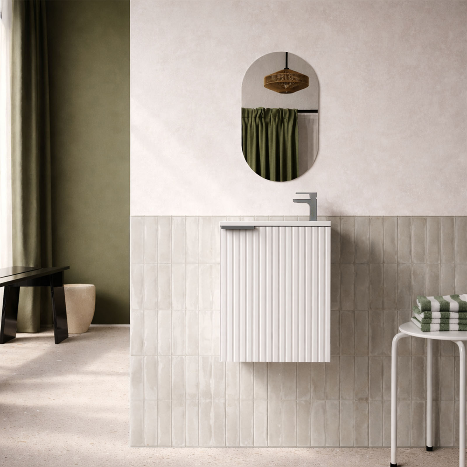 Ensemble meuble lave mains MDF ondulé blanc 40x50x22cm et miroir ovale - MILO
