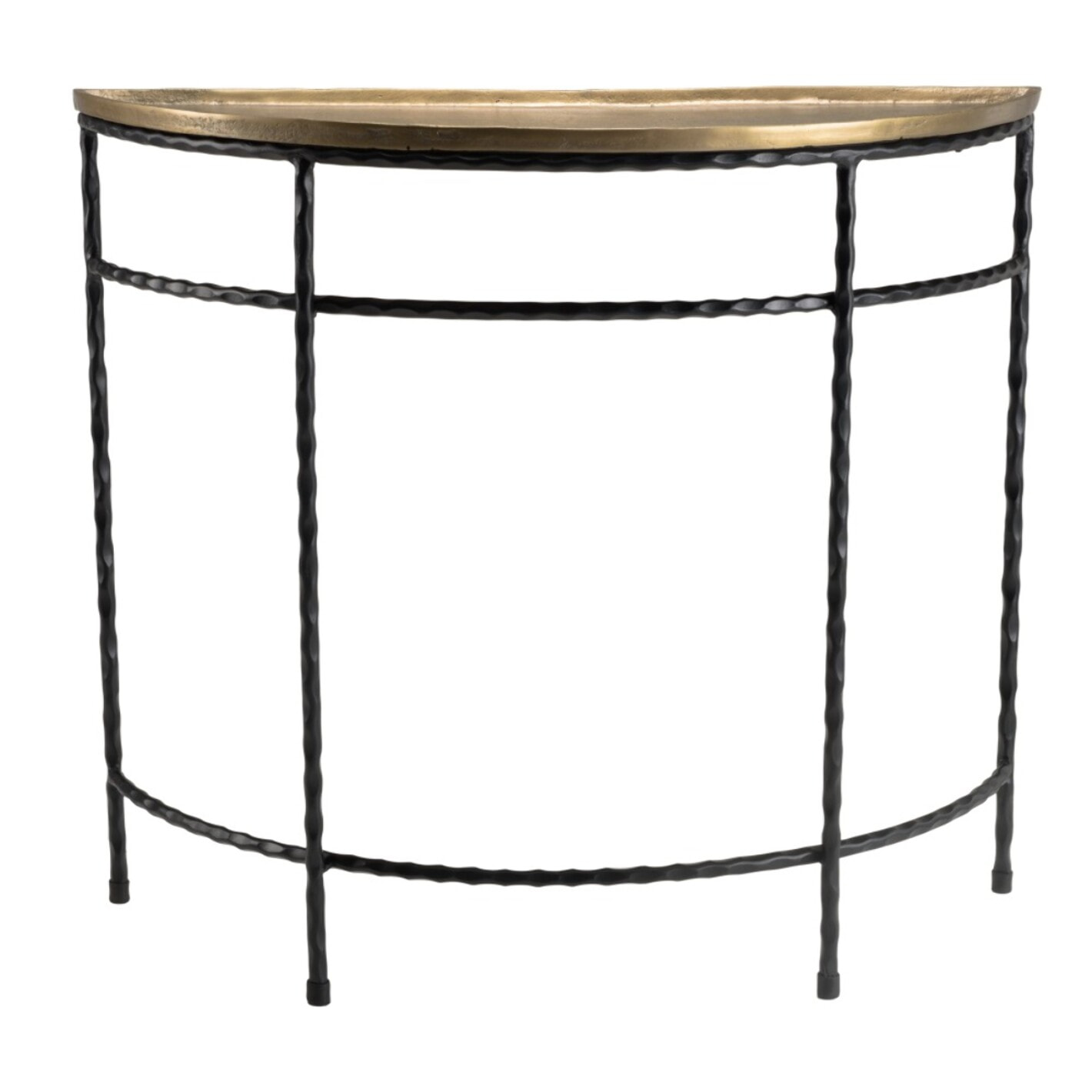 JOHAN - Console demi-lune 90x36cm alu doré pieds métal noirs torsadés