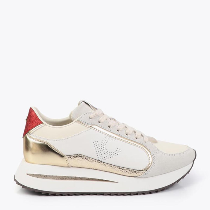 Sneaker platform bicolore in tessuti combinati e dettagli in pelle