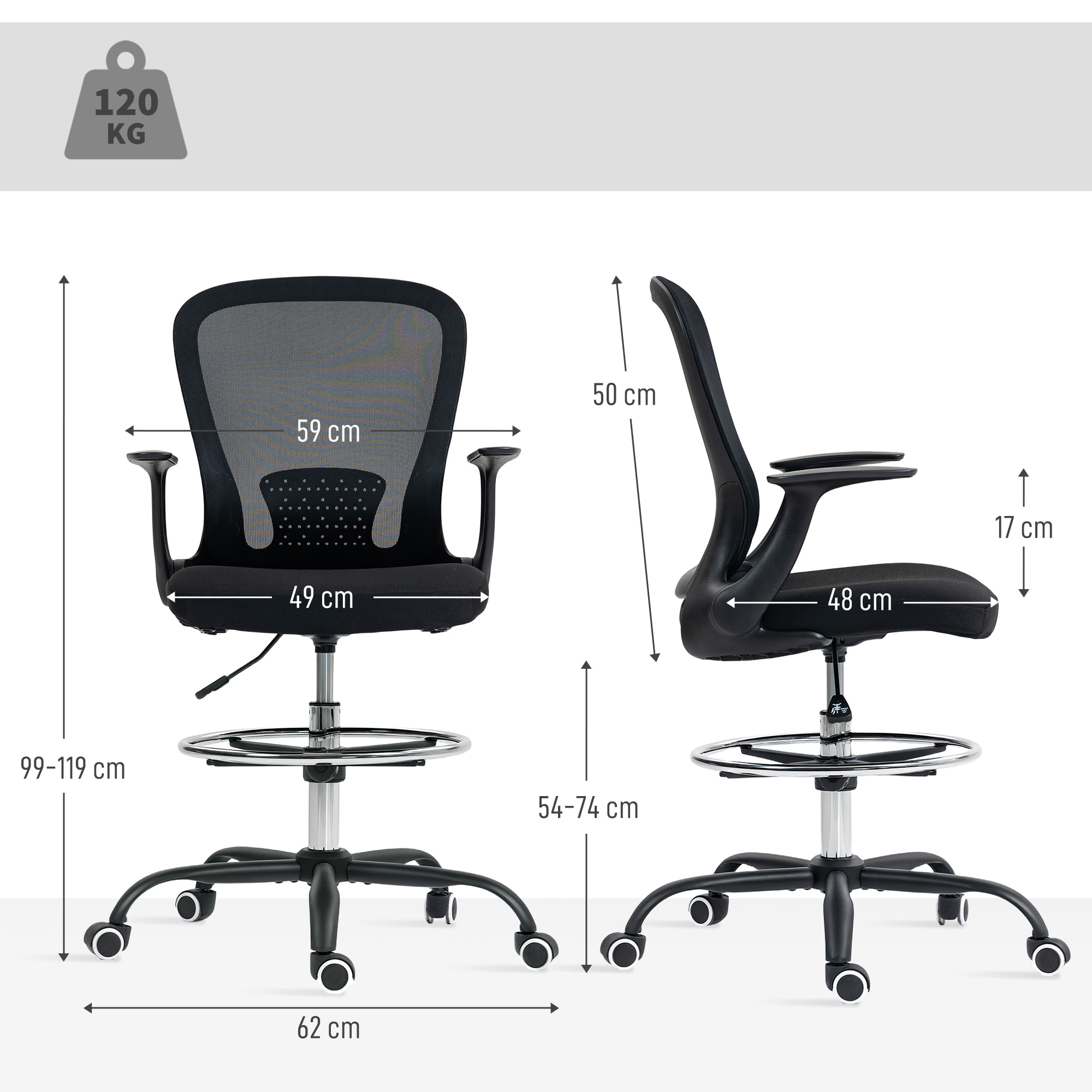 Chaise bureau ergonomique assise haute réglable 54-74cm pivotant 360° accoudoirs relevables maille respirante noir