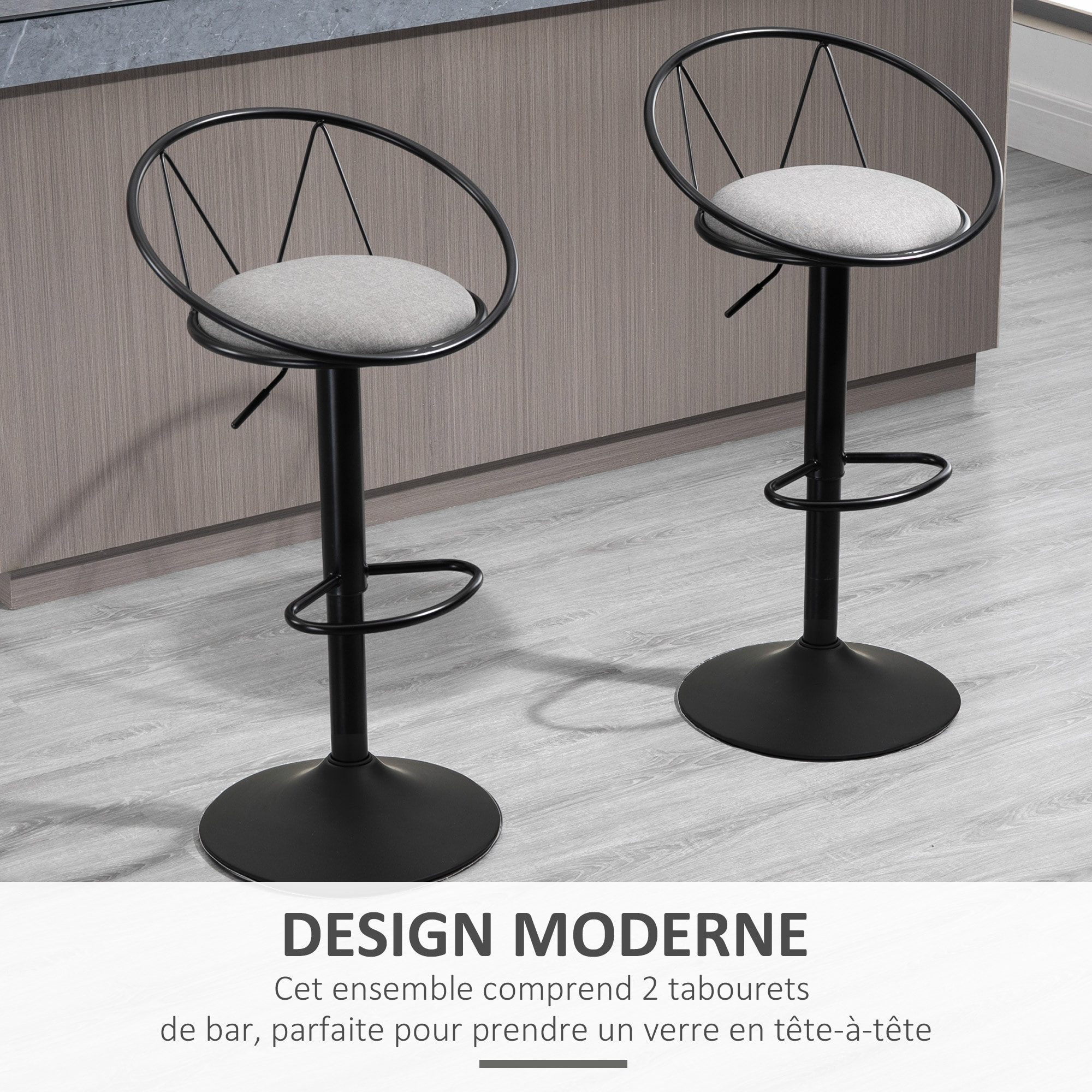 Lot de 2 tabourets de bar – Style néo-rétro – Réglables et pivotants