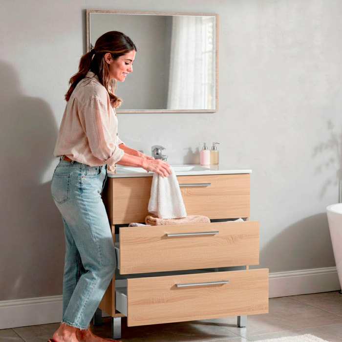 Mobile Bagno A Terra Con 3 Cassetti Lavabo In Ceramica E Specchio 77 x 50 Cm Inclusi Design Moderno Salvaspazio 80 x 45 x 86 Cm Colore Rovere Chiaro