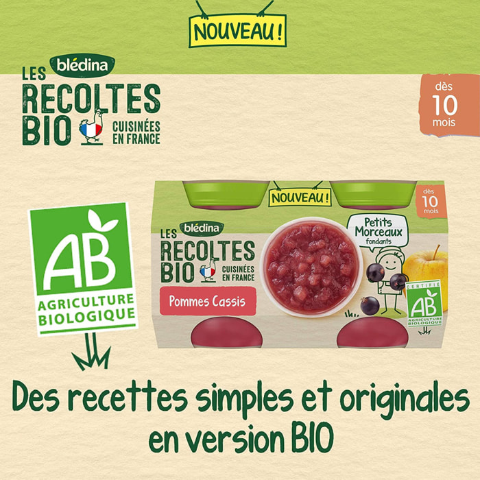 24 Petits Pots Pommes, Cassis Petits Morceaux 12x(2x130g) - Les Récoltes Bio Dès 10 Mois