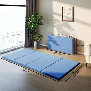 Tapis de gym yoga fitness pliable - poignée - revêtement synthétique - bleu