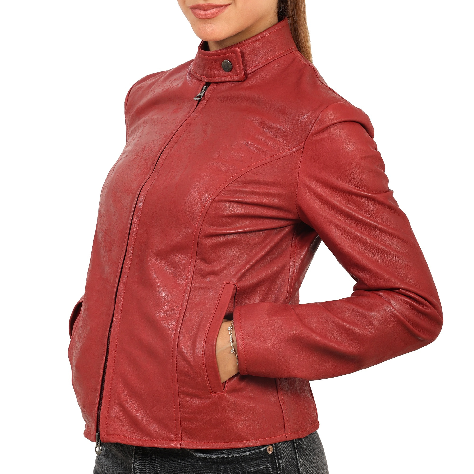 Giubbino in vera pelle di vitello rifinizione dakota Bordeaux-Slim Fit