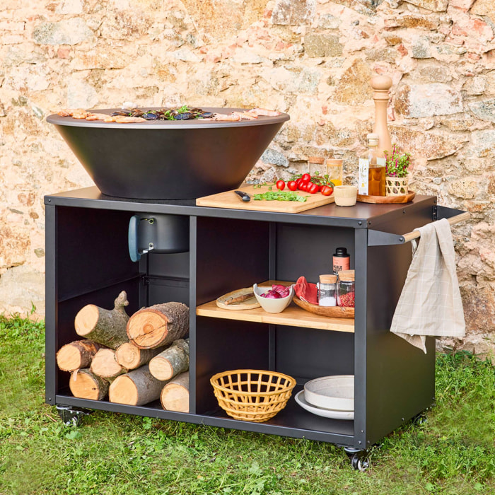 Brasero barbecue  Ø80cm - Stromboli - coloris noir avec grille de cuisson et espace de rangement. L 138 x P 82 x H 114 cm