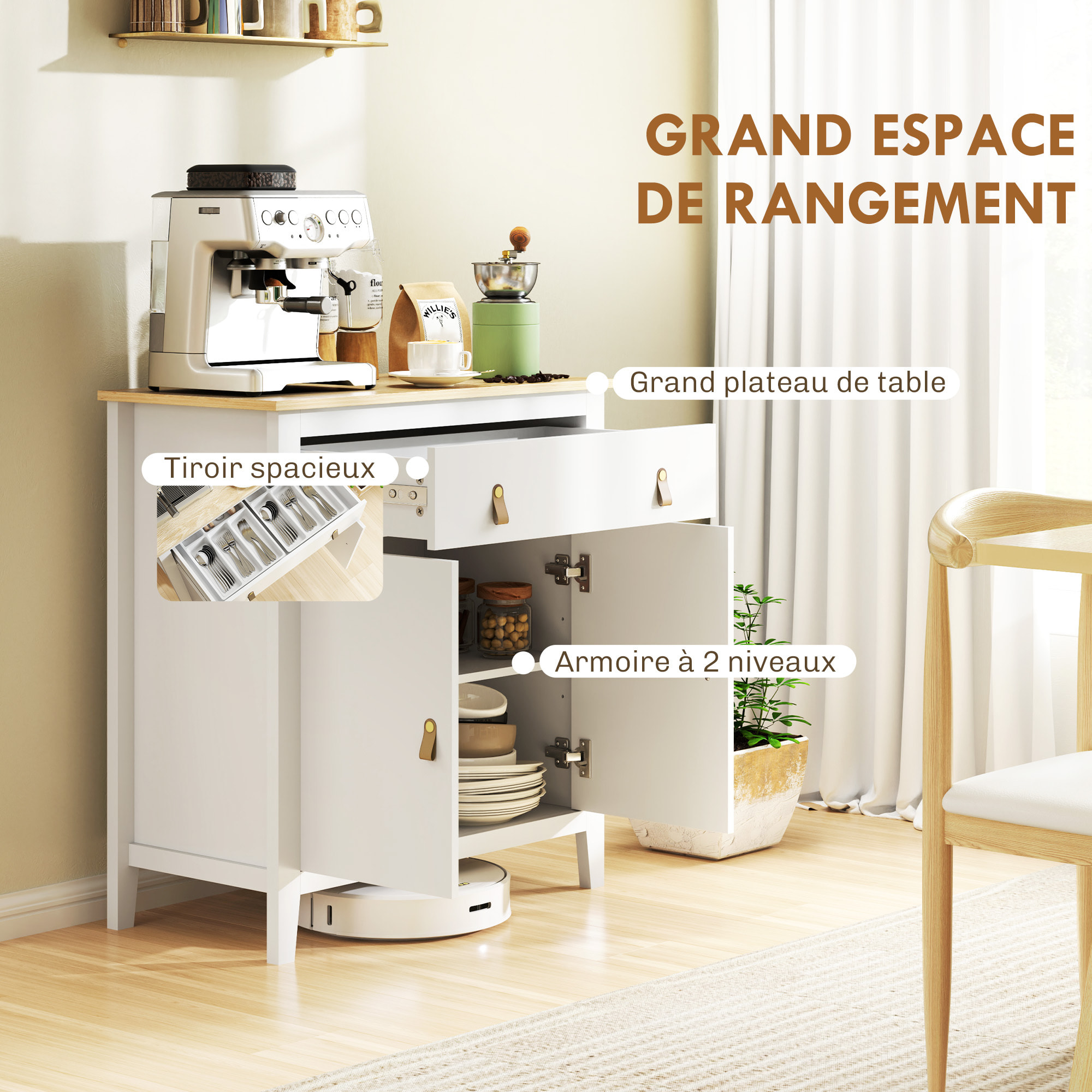 Buffet 2 portes étagère tiroir poignées lanières aspect cuir dim. 80 x 40 x 90 cm blanc effet bois clair