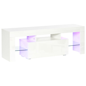 Meuble TV LED style contemporain - grand tiroir, niche, 2 étagères verre - panneaux particules MDF blanc laqué