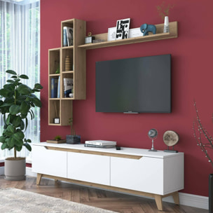 Parete attrezzata Dleonard, Composizione soggiorno, Mobile salotto multiuso, Armadio porta TV, 180x35h49 cm, Bianco e Rovere