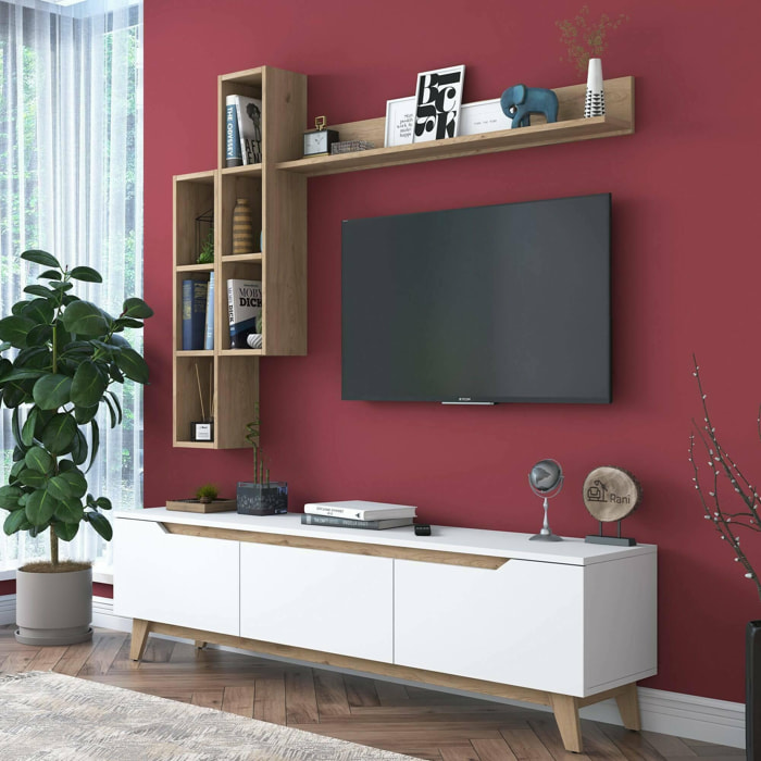 Parete attrezzata Dleonard, Composizione soggiorno, Mobile salotto multiuso, Armadio porta TV, 180x35h49 cm, Bianco e Rovere