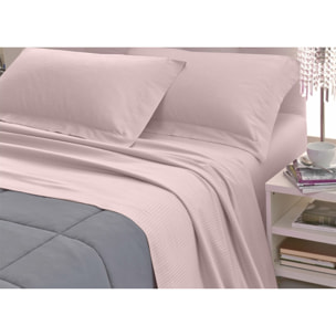 Completo Lenzuola 100% Raso Cotone Rigato 5mm Tinta Unita Rosa