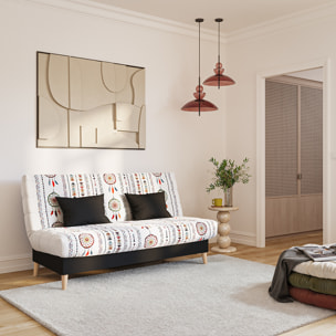 Canapé convertible Soho, matelas Simmons, 130 x 190 cm, 2 coussins offerts, Blanc à motifs
