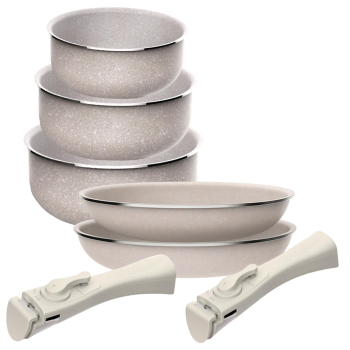 Juego de 5 pcs: 2 Sartenes Ø24Ø28cm y 3 Cacerolas Ø16Ø18Ø20cm en aluminio prensado con revestimiento ILAG con 2 mangos extraibles