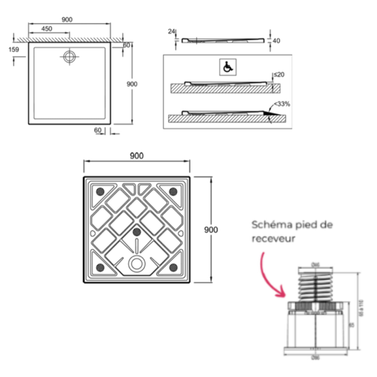 Receveur de douche 90 x 90 Gaspard céramique carré avec kit de réhausse