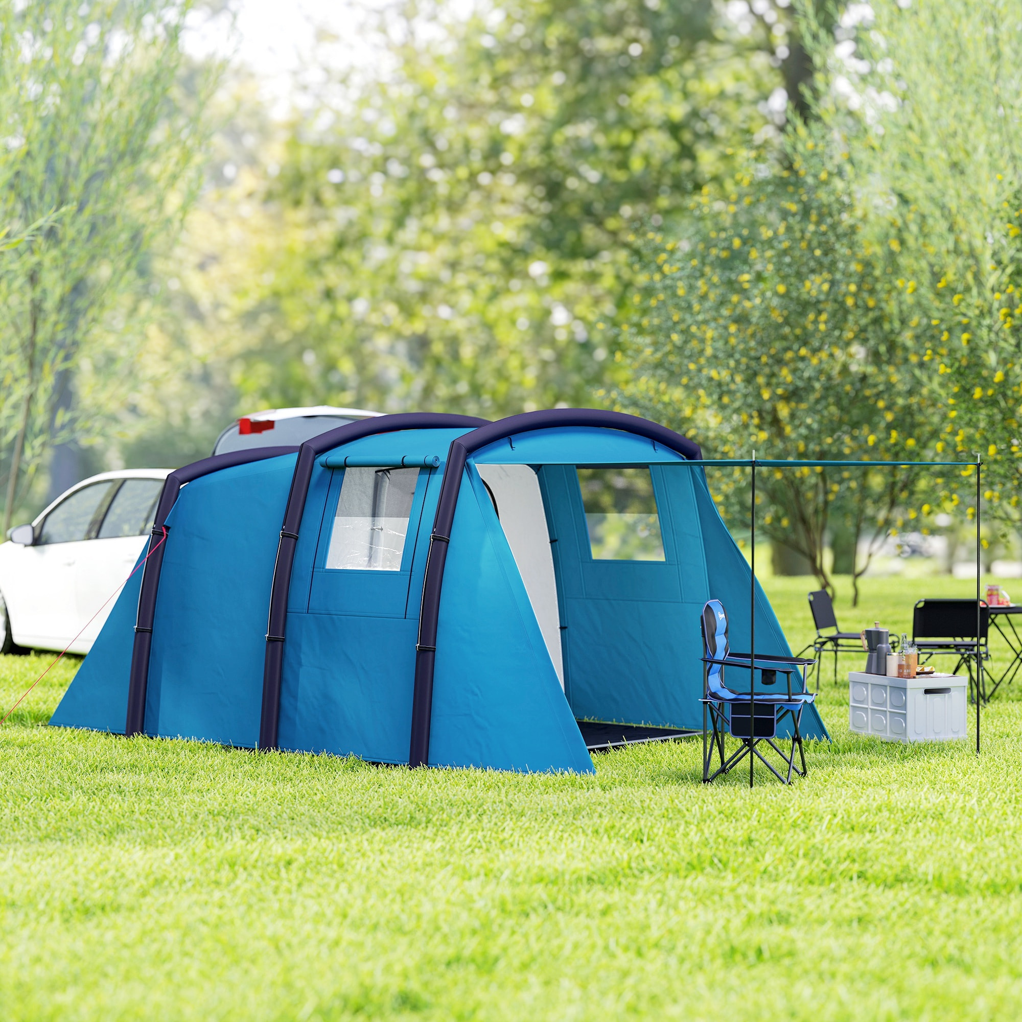Tente de camping gonflable tunnel - 3-6 personnes - 420 x 200 x 150 cm - pompe incluse - bleu