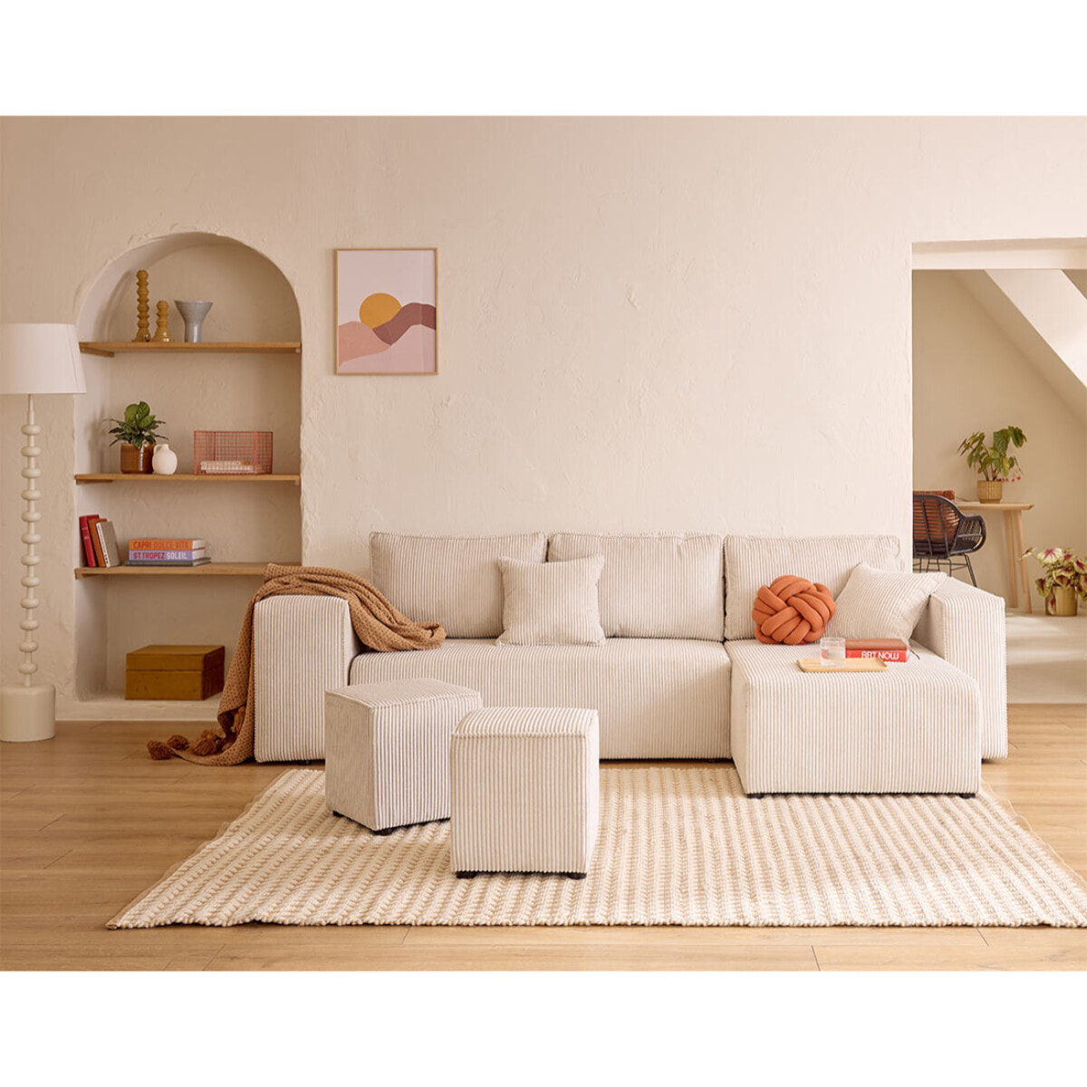 Topaze - canapé d'angle réversible 4 places - convertible avec coffre, tablette et poufs - en velours côtelé - Beige