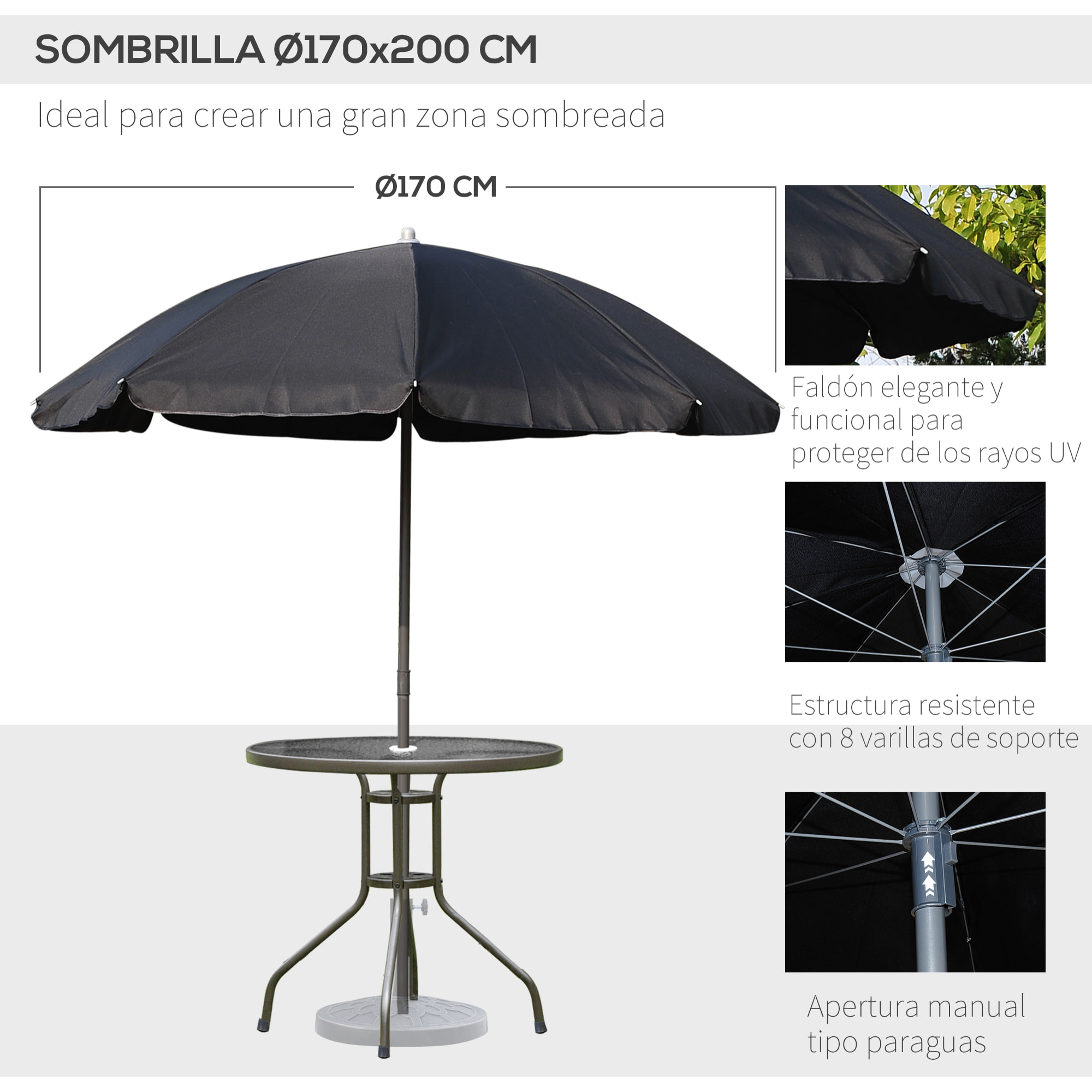 Conjunto de Muebles para Jardín con 4 Sillas 1 Mesa y 1 Parasol Texteline Aluminio y Poliéster Negro