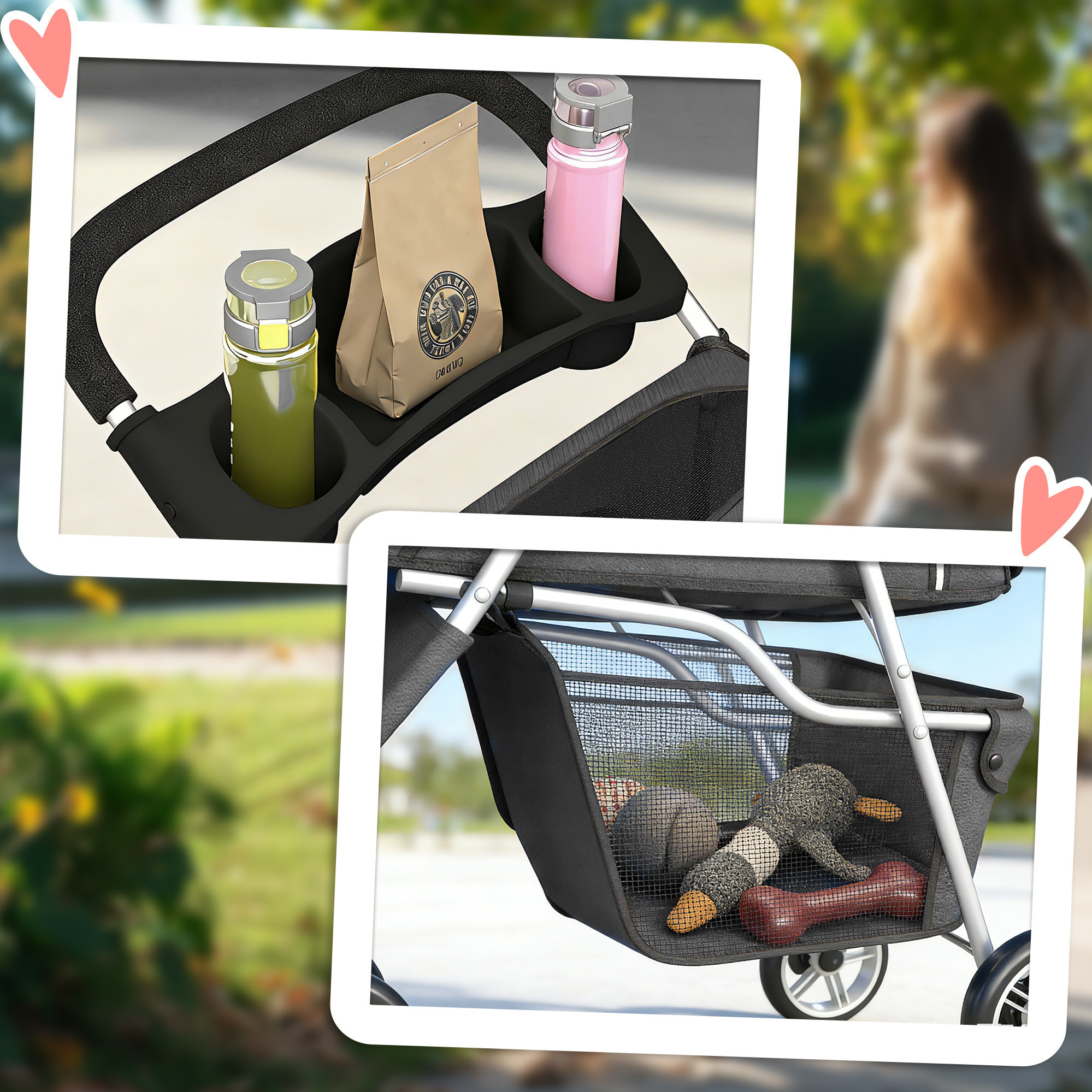 Carrito para Perros Plegable, Cochecito para Perros Pequeños con Cesta de Almacenaje, Ventanas de Malla, Portavasos y Ruedas, Carga 10 kg, 77x44x102 cm, Gris Oscuro