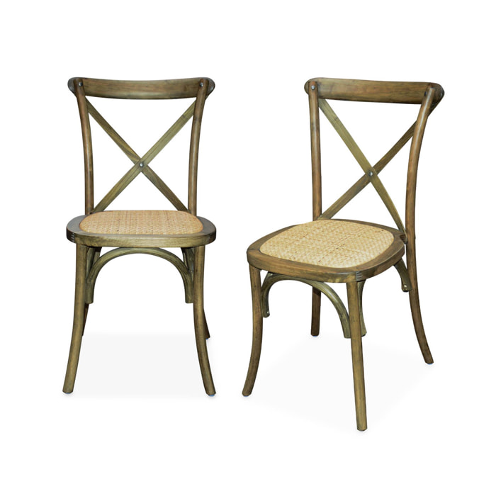 Lot de 2 chaises de bistrot en bois d'hévéa marron vieilli. vintage. assise en rotin. empilables